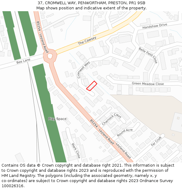 37, CROMWELL WAY, PENWORTHAM, PRESTON, PR1 9SB: Location map and indicative extent of plot