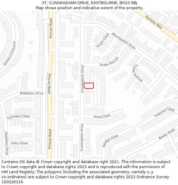 37, CUNNINGHAM DRIVE, EASTBOURNE, BN23 6BJ: Location map and indicative extent of plot