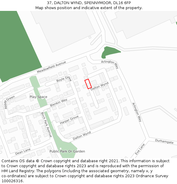 37, DALTON WYND, SPENNYMOOR, DL16 6FP: Location map and indicative extent of plot