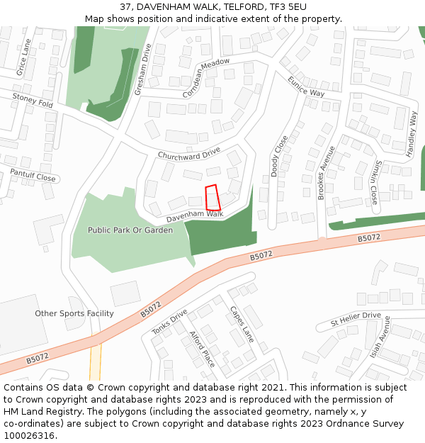 37, DAVENHAM WALK, TELFORD, TF3 5EU: Location map and indicative extent of plot