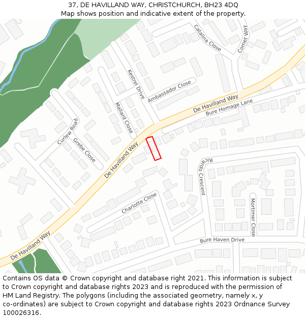 37, DE HAVILLAND WAY, CHRISTCHURCH, BH23 4DQ: Location map and indicative extent of plot
