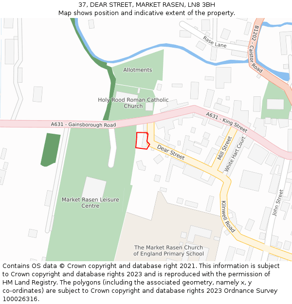 37, DEAR STREET, MARKET RASEN, LN8 3BH: Location map and indicative extent of plot