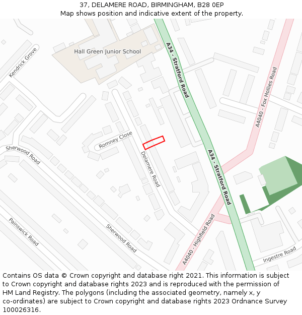 37, DELAMERE ROAD, BIRMINGHAM, B28 0EP: Location map and indicative extent of plot
