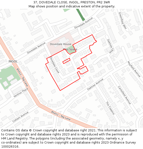 37, DOVEDALE CLOSE, INGOL, PRESTON, PR2 3WR: Location map and indicative extent of plot