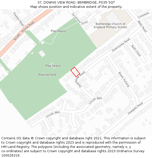 37, DOWNS VIEW ROAD, BEMBRIDGE, PO35 5QT: Location map and indicative extent of plot
