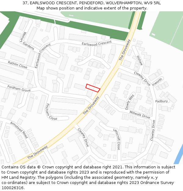 37, EARLSWOOD CRESCENT, PENDEFORD, WOLVERHAMPTON, WV9 5RL: Location map and indicative extent of plot