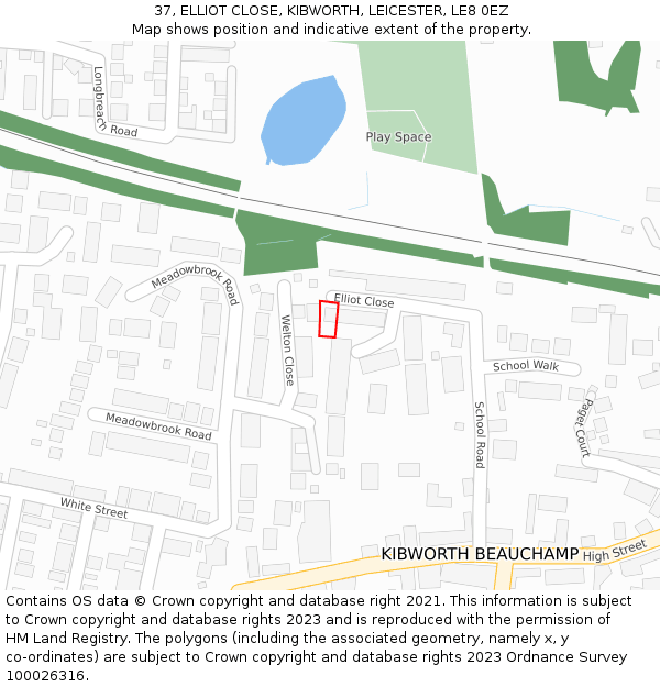 37, ELLIOT CLOSE, KIBWORTH, LEICESTER, LE8 0EZ: Location map and indicative extent of plot