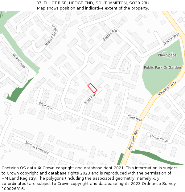 37, ELLIOT RISE, HEDGE END, SOUTHAMPTON, SO30 2RU: Location map and indicative extent of plot