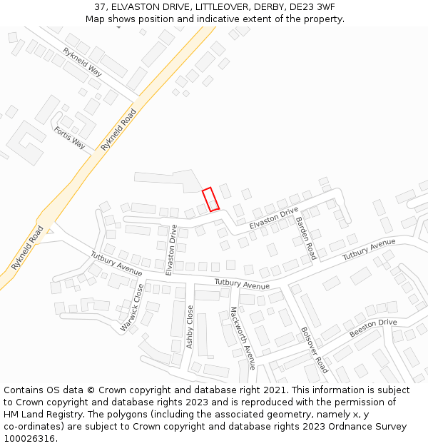 37, ELVASTON DRIVE, LITTLEOVER, DERBY, DE23 3WF: Location map and indicative extent of plot