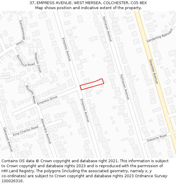 37, EMPRESS AVENUE, WEST MERSEA, COLCHESTER, CO5 8EX: Location map and indicative extent of plot