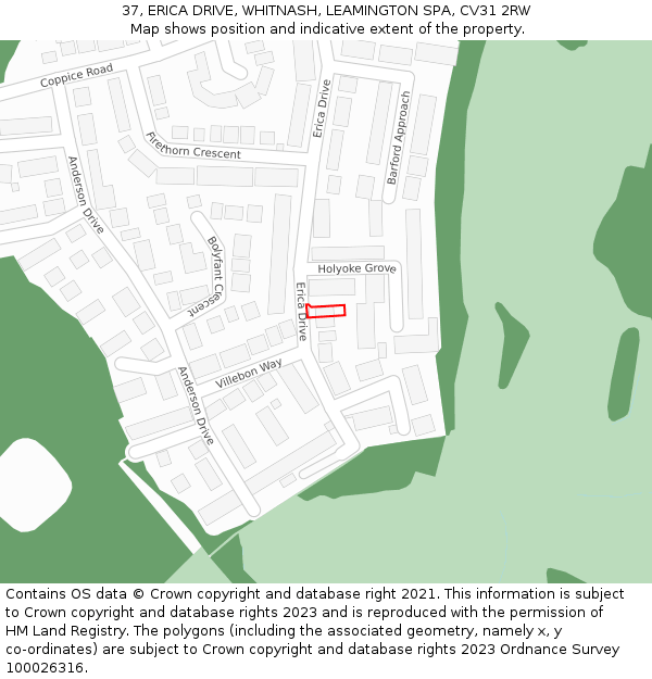 37, ERICA DRIVE, WHITNASH, LEAMINGTON SPA, CV31 2RW: Location map and indicative extent of plot