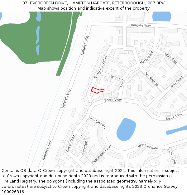 37, EVERGREEN DRIVE, HAMPTON HARGATE, PETERBOROUGH, PE7 8FW: Location map and indicative extent of plot