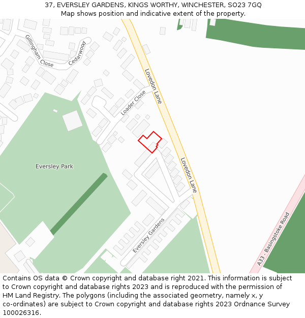 37, EVERSLEY GARDENS, KINGS WORTHY, WINCHESTER, SO23 7GQ: Location map and indicative extent of plot