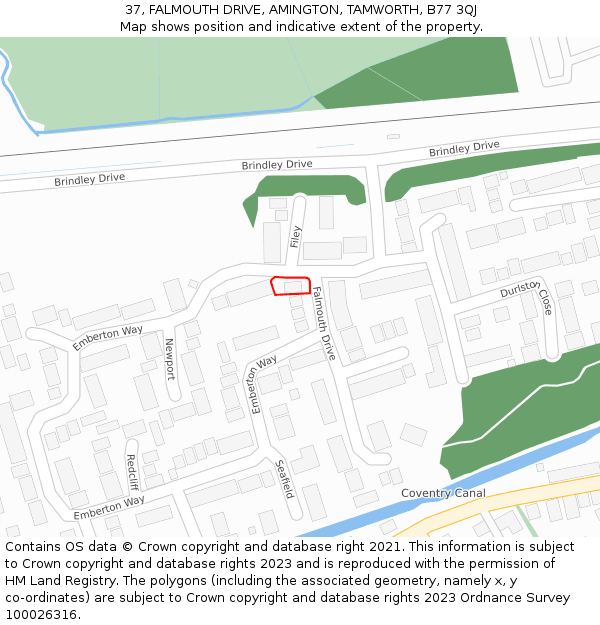 37, FALMOUTH DRIVE, AMINGTON, TAMWORTH, B77 3QJ: Location map and indicative extent of plot