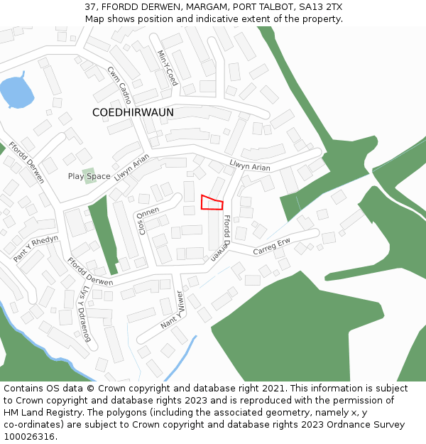 37, FFORDD DERWEN, MARGAM, PORT TALBOT, SA13 2TX: Location map and indicative extent of plot