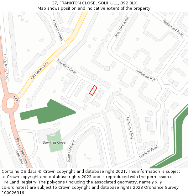 37, FRANKTON CLOSE, SOLIHULL, B92 8LX: Location map and indicative extent of plot