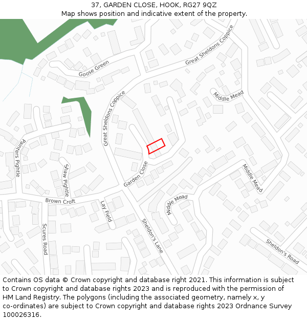 37, GARDEN CLOSE, HOOK, RG27 9QZ: Location map and indicative extent of plot