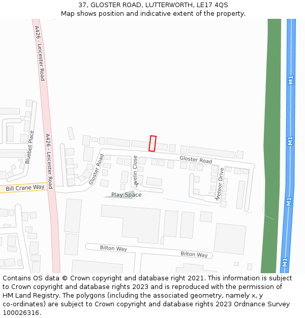 37, GLOSTER ROAD, LUTTERWORTH, LE17 4QS: Location map and indicative extent of plot