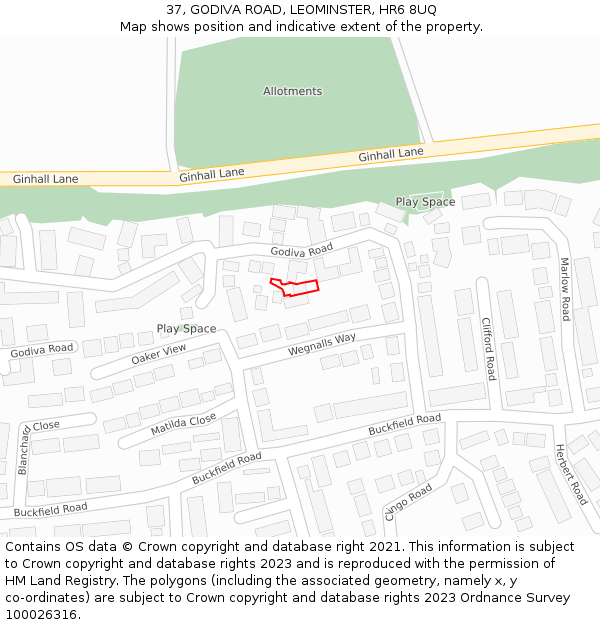 37, GODIVA ROAD, LEOMINSTER, HR6 8UQ: Location map and indicative extent of plot