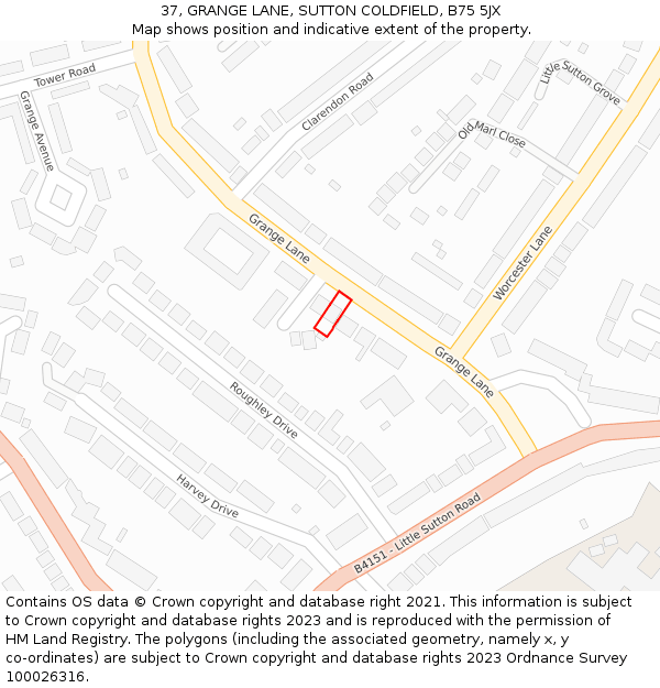 37, GRANGE LANE, SUTTON COLDFIELD, B75 5JX: Location map and indicative extent of plot