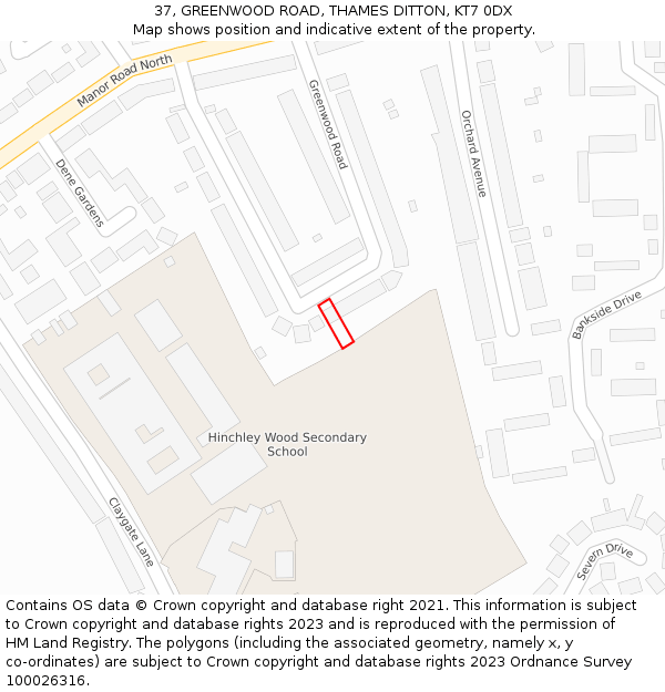 37, GREENWOOD ROAD, THAMES DITTON, KT7 0DX: Location map and indicative extent of plot