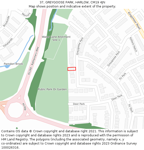 37, GREYGOOSE PARK, HARLOW, CM19 4JN: Location map and indicative extent of plot