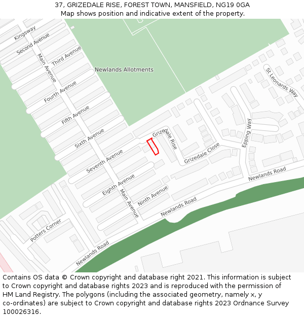 37, GRIZEDALE RISE, FOREST TOWN, MANSFIELD, NG19 0GA: Location map and indicative extent of plot