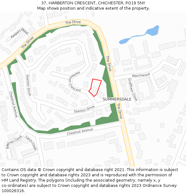 37, HARBERTON CRESCENT, CHICHESTER, PO19 5NY: Location map and indicative extent of plot