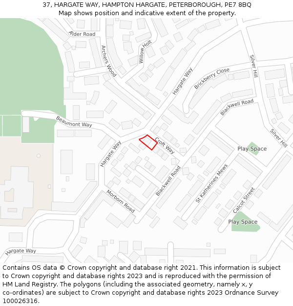 37, HARGATE WAY, HAMPTON HARGATE, PETERBOROUGH, PE7 8BQ: Location map and indicative extent of plot