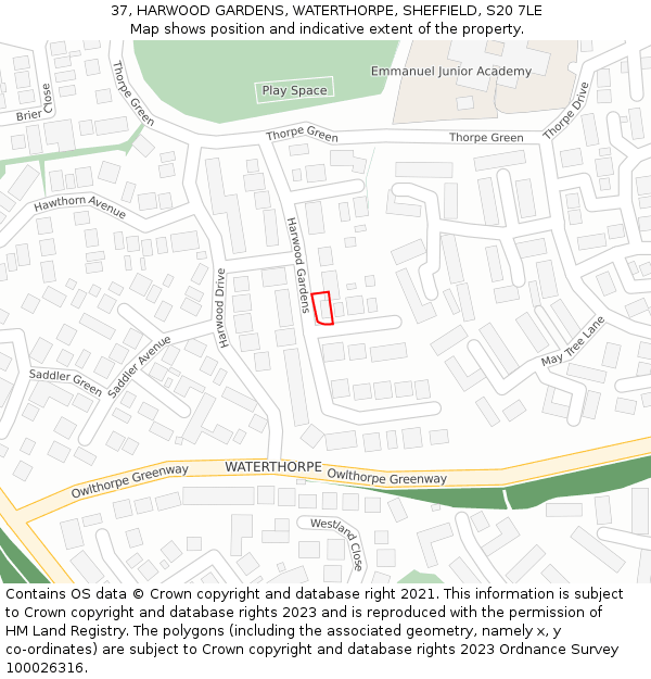 37, HARWOOD GARDENS, WATERTHORPE, SHEFFIELD, S20 7LE: Location map and indicative extent of plot
