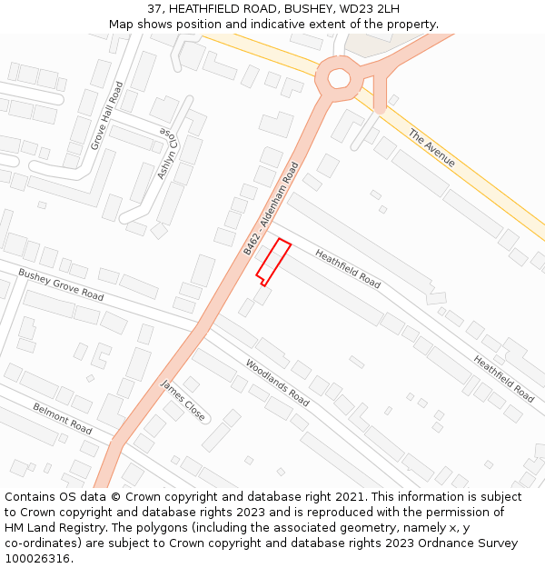 37, HEATHFIELD ROAD, BUSHEY, WD23 2LH: Location map and indicative extent of plot