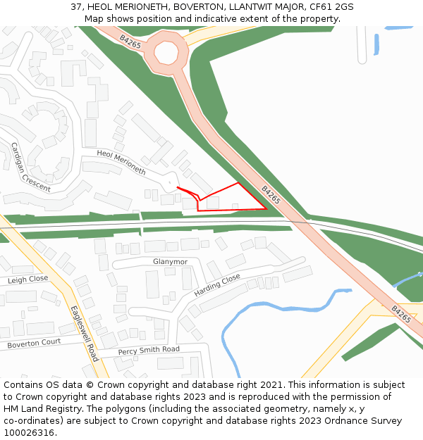 37, HEOL MERIONETH, BOVERTON, LLANTWIT MAJOR, CF61 2GS: Location map and indicative extent of plot