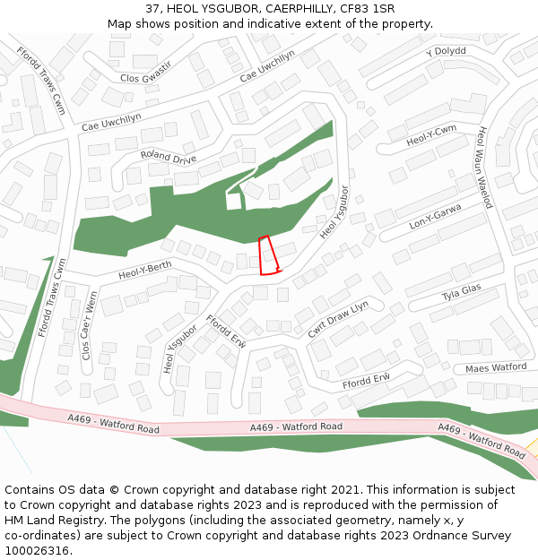 37, HEOL YSGUBOR, CAERPHILLY, CF83 1SR: Location map and indicative extent of plot
