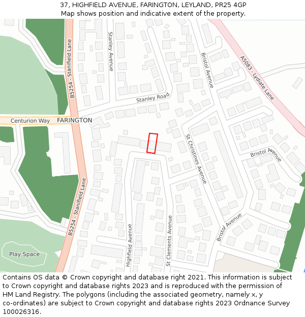37, HIGHFIELD AVENUE, FARINGTON, LEYLAND, PR25 4GP: Location map and indicative extent of plot