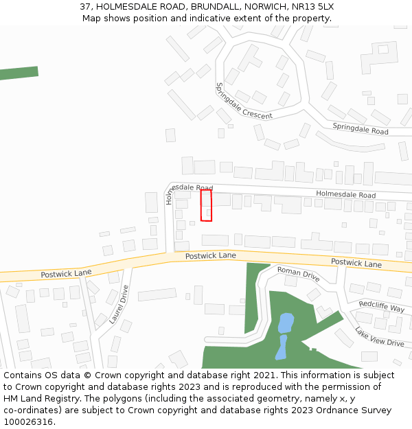 37, HOLMESDALE ROAD, BRUNDALL, NORWICH, NR13 5LX: Location map and indicative extent of plot