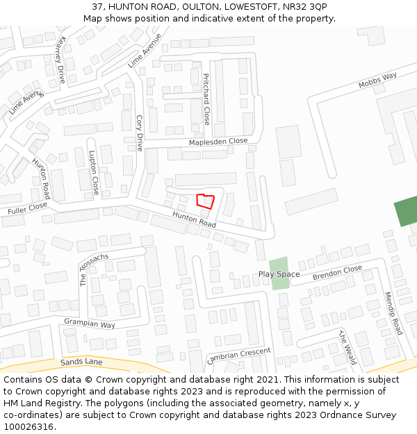 37, HUNTON ROAD, OULTON, LOWESTOFT, NR32 3QP: Location map and indicative extent of plot