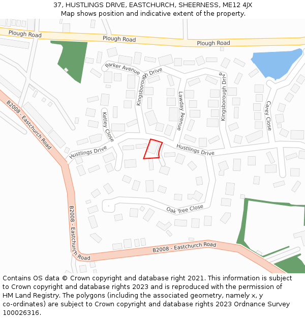 37, HUSTLINGS DRIVE, EASTCHURCH, SHEERNESS, ME12 4JX: Location map and indicative extent of plot
