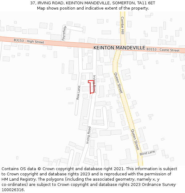 37, IRVING ROAD, KEINTON MANDEVILLE, SOMERTON, TA11 6ET: Location map and indicative extent of plot