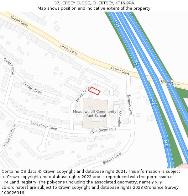 37, JERSEY CLOSE, CHERTSEY, KT16 9PA: Location map and indicative extent of plot