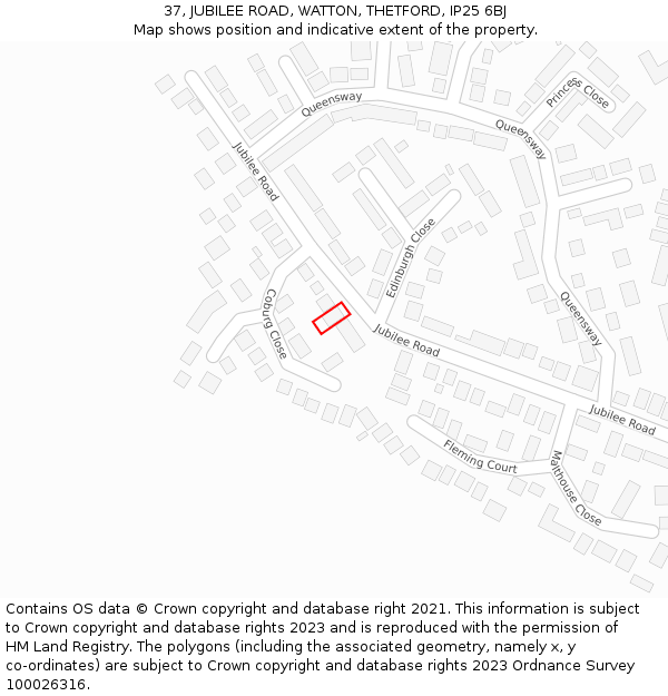 37, JUBILEE ROAD, WATTON, THETFORD, IP25 6BJ: Location map and indicative extent of plot
