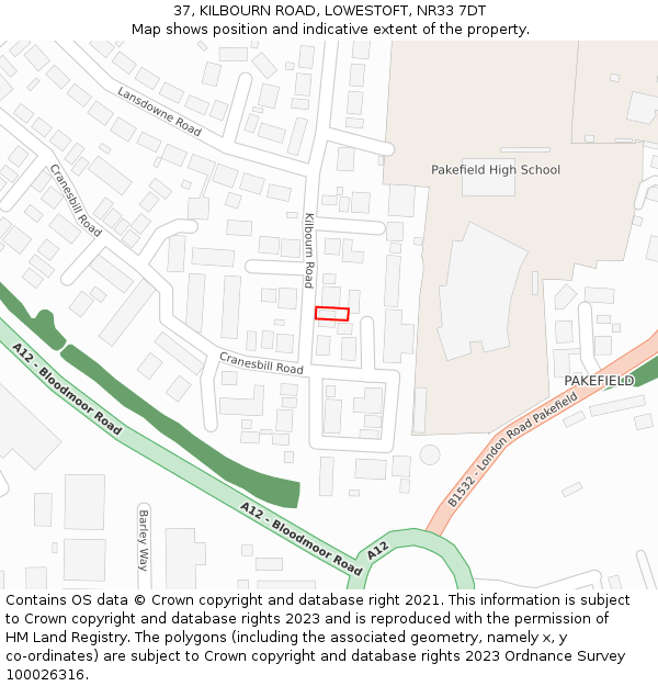 37, KILBOURN ROAD, LOWESTOFT, NR33 7DT: Location map and indicative extent of plot