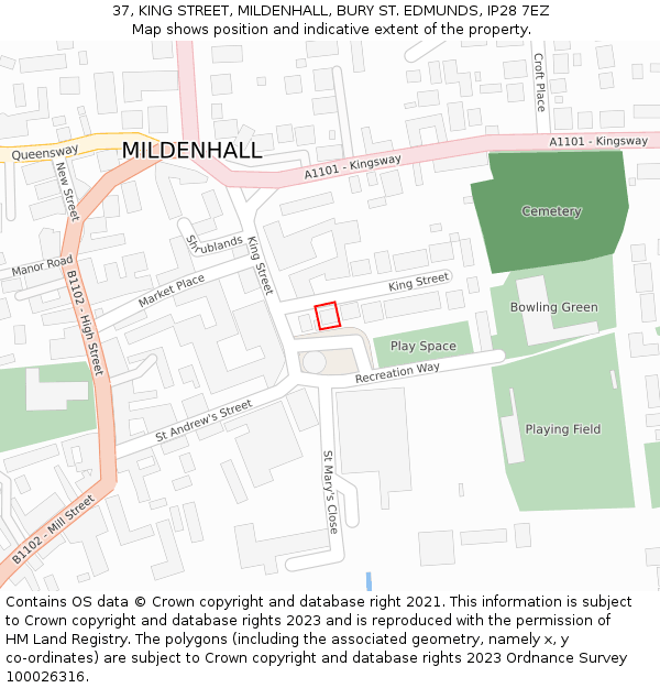 37, KING STREET, MILDENHALL, BURY ST. EDMUNDS, IP28 7EZ: Location map and indicative extent of plot