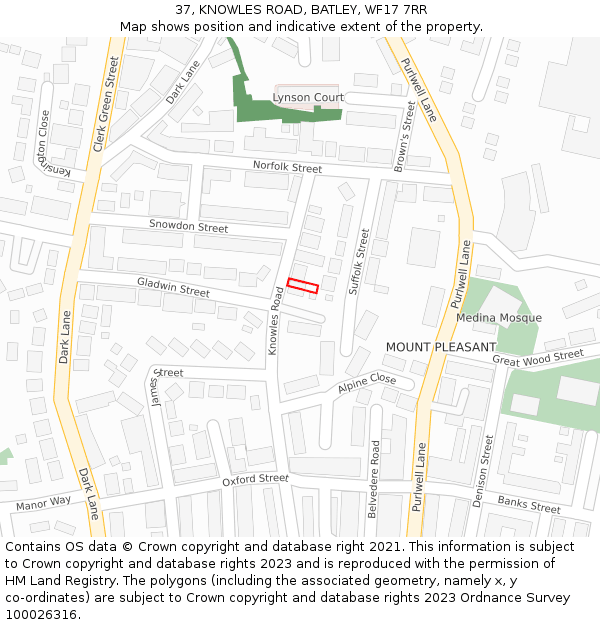 37, KNOWLES ROAD, BATLEY, WF17 7RR: Location map and indicative extent of plot
