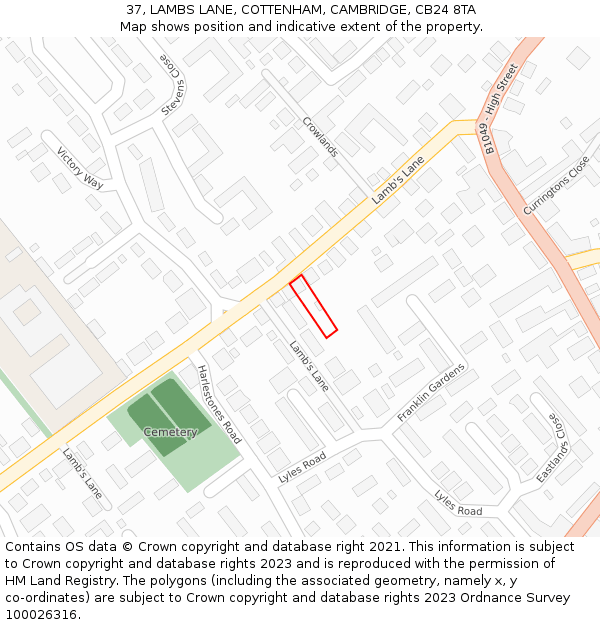 37, LAMBS LANE, COTTENHAM, CAMBRIDGE, CB24 8TA: Location map and indicative extent of plot