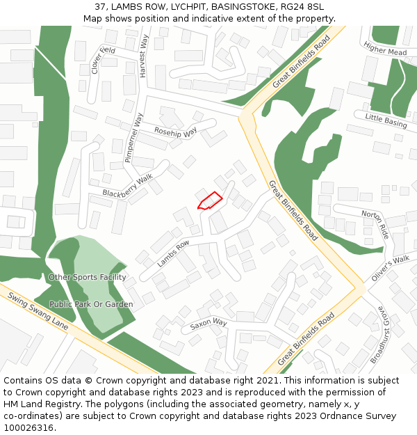 37, LAMBS ROW, LYCHPIT, BASINGSTOKE, RG24 8SL: Location map and indicative extent of plot