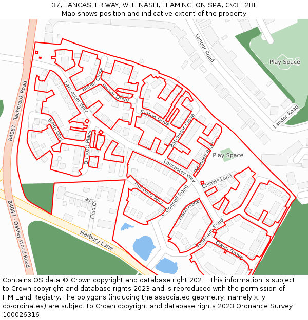 37, LANCASTER WAY, WHITNASH, LEAMINGTON SPA, CV31 2BF: Location map and indicative extent of plot