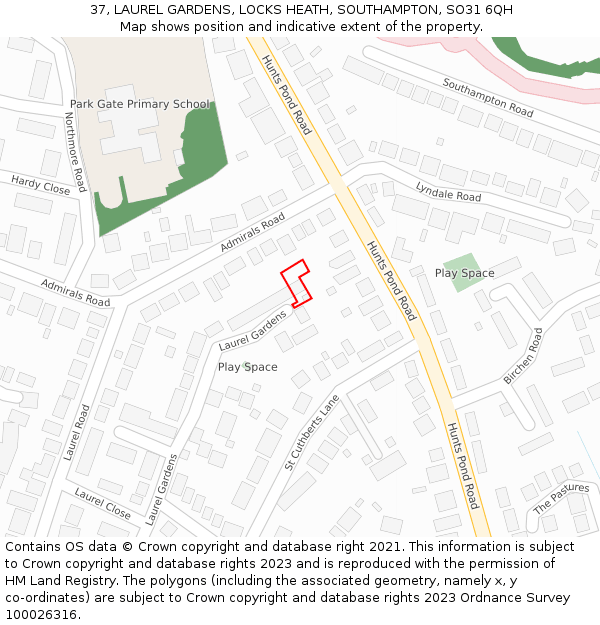 37, LAUREL GARDENS, LOCKS HEATH, SOUTHAMPTON, SO31 6QH: Location map and indicative extent of plot