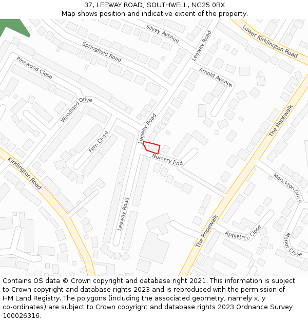 37, LEEWAY ROAD, SOUTHWELL, NG25 0BX: Location map and indicative extent of plot