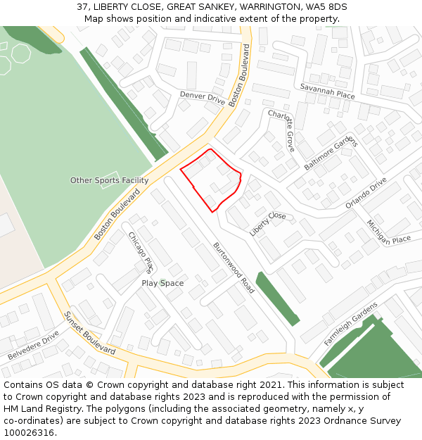 37, LIBERTY CLOSE, GREAT SANKEY, WARRINGTON, WA5 8DS: Location map and indicative extent of plot