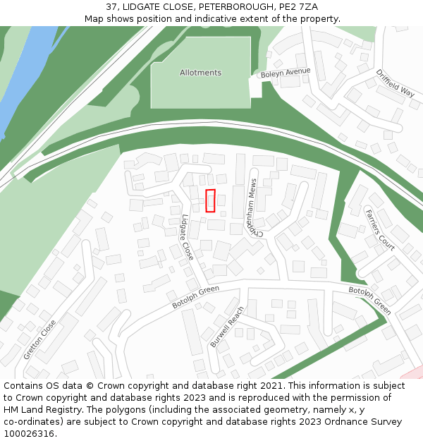 37, LIDGATE CLOSE, PETERBOROUGH, PE2 7ZA: Location map and indicative extent of plot